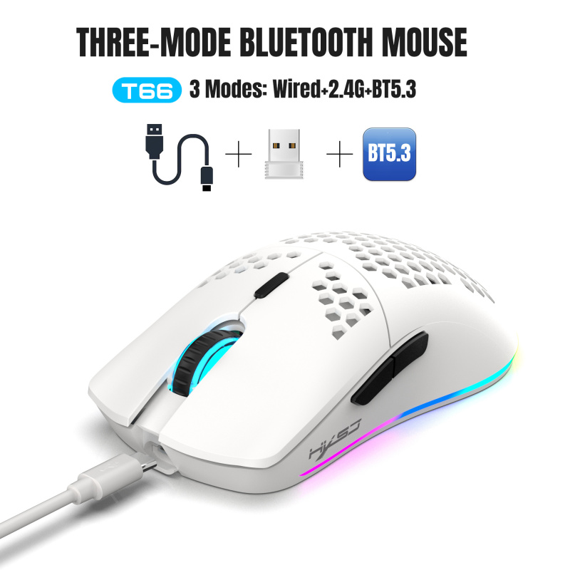 New product RGB light-emitting T66 wired+2.4G+BT5.3 three mode wireless mouse